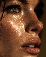 Studio beauty shoot intimate close-up of glistening skin with natural light radiance concept