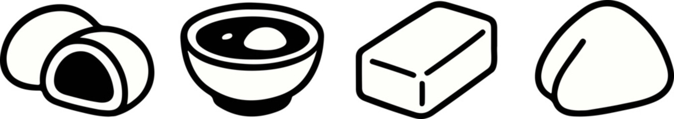 Collection of simple line art icons depicting various food items including mochi, a bowl of soup, a block of butter, and a dumpling.