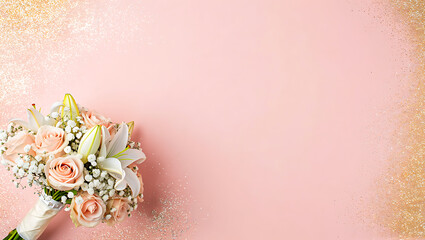 Fototapeta premium Elegant Wedding Bouquet with Peach Roses and White Lilies on Pink Textured Background with Gold Glitter Border and Copy Space