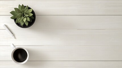 Minimalist workspace flat lay with succulent, coffee, and pen on a white wooden surface