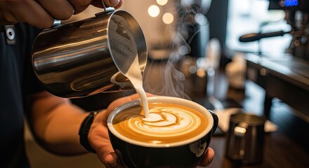 Barista's hand pouring steamed milk to create latte art in a coffee cup with a blurred coffee shop background, conveying a cozy atmosphere.
