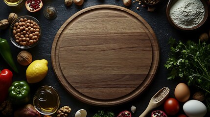 Round wooden cutting board surrounded by fresh food ingredients on a black background