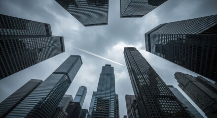 Low angle view of modern skyscrapers dominating an urban cityscape under a cloudy sky, showcasing impressive architecture and metropolitan life.