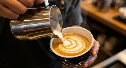 Barista's hand pouring steamed milk to create latte art in a coffee cup in a cozy coffee shop, focused and artistic.