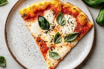 Slice of margherita pizza topped with fresh basil leaves served on rustic plate