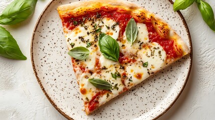 Slice of margherita pizza with basil leaves, tomato sauce on plate, overhead view