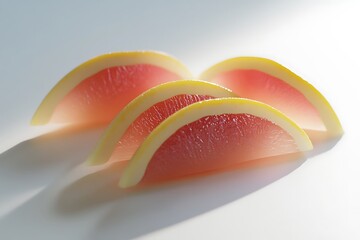 Sliced grapefruit wedges closeup in sunlight against a white background, food photography