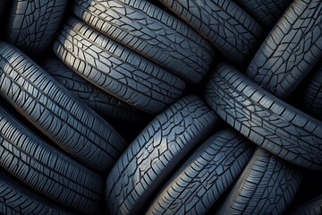 Stack of new car tires showing deep tread pattern, all season type