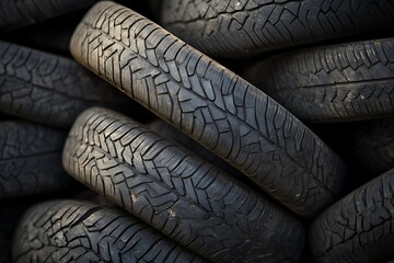 Stack of used car tires showcasing textured tire treads and patterns in a closeup view