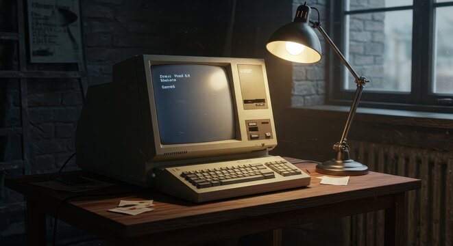 Vintage Desktop Computer on Desk: A vintage desktop computer sits on a weathered desk, illuminated by a desk lamp in a dimly lit room. The scene evokes a sense of nostalgia and technological history.