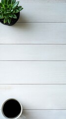 Succulent and coffee cup on white wooden table surface, minimalist flat lay composition