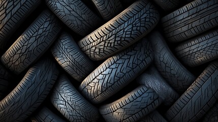 Stacked tires showing tread patterns in a full frame dark automotive background shot