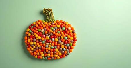 Bunch of colorful candies are forming a shape of pumpkin and representing Halloween