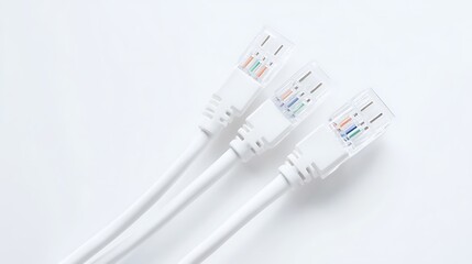 Three aligned white ethernet cables showing connectors on a seamless white background for technology