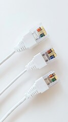 Three white ethernet network cables arranged diagonally on a bright white surface