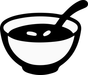 A simple black and white graphic icon of a bowl filled with soup or cereal, with a spoon resting inside.