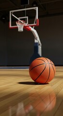 Naklejka premium A basketball rests on a polished hardwood floor, in front of a brightly lit basketball hoop.