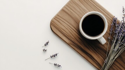 Topdown view of black coffee, lavender, and wooden board against white background
