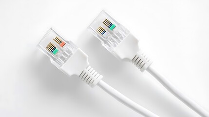 Two white ethernet cables isolated on a white background showcasing connectivity technology close up