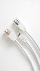White usb and ethernet cables with visible wires arranged on a clean surface