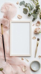 Blank white frame mockup with art supplies, blush fabric, rose, and eucalyptus flatlay