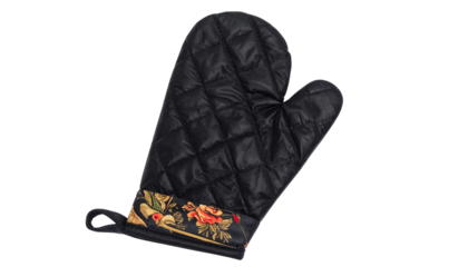 Black quilted oven mitt on white background for kitchen use