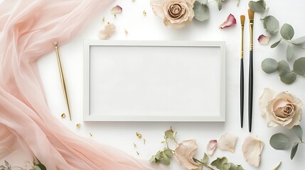 Blank white frame with paintbrushes, roses, chiffon fabric and gold elements top view