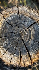 Closeup of a cut tree trunk with annual rings and sunlit cracks