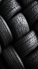 Closeup of stacked car tires showcasing tread patterns and textures in black and white