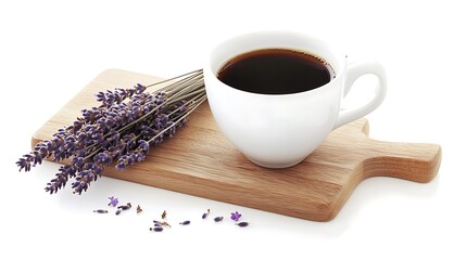 Coffee cup and lavender bouquet on a wooden cutting board, isolated on white