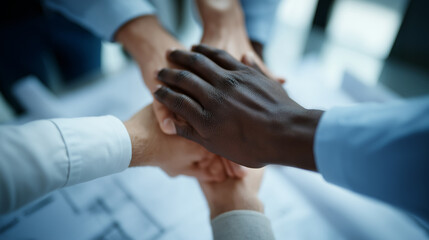 Diverse Hands Collaborating Over Architectural Blueprints