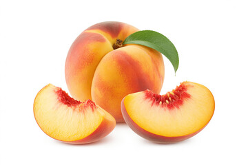 Fresh ripe peaches with slices on white background