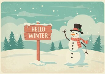Friendly snowman waving hello next to a wooden sign in a snowy winter landscape