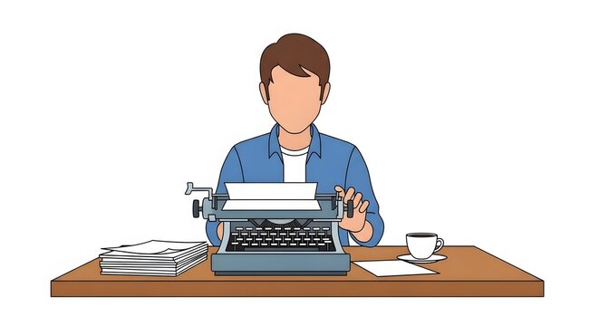 Illustration of a person sitting at a desk typing on a vintage typewriter with a stack of papers and a cup of coffee.
