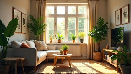 Obraz premium Serene living room scene, sunlight streaming through window, plants thriving, cozy atmosphere suggesting calmness and contentment , calm, yoga