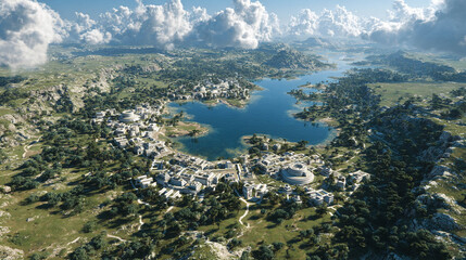 Ciudad Azteca cerca de un lago vista a&eacute;rea. 