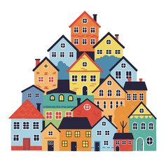 Naklejka premium A vibrant 2D flat vector illustration showcases a charming stack of isolated cartoon colorful houses against a clean, plain white background, perfect for a whimsical concept.