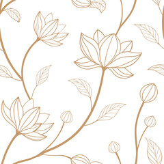 Seamless lotus flower pattern with leaves in elegant brown outline. Decorative botanical vector design for fabric, wallpaper, and art projects. Minimal floral illustration background.
