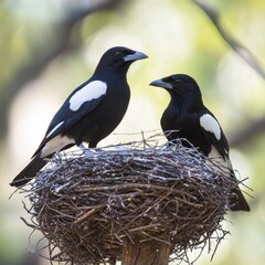Fototapeta premium Three black and white birds on a nest. Close-up of birds perched atop a nest, with soft blurred background. Feathers, natural, wildlife