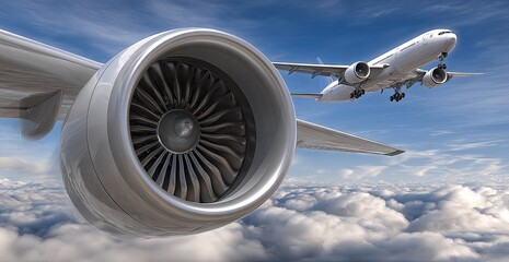 Jet engine and airplane above fluffy clouds