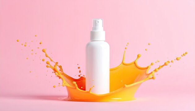 A white spray bottle surrounded by a vibrant orange splash against a pink background. A cosmetic product presentation - Powered by Adobe