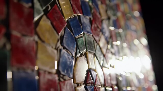 Colorful Mosaic Tile Wall Featuring Red Blue Green and Yellow Ceramic Pieces