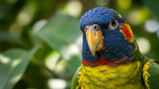 A detailed close-up of a parrot with vibrant blue head feathers, yellow chest, and an orange eye against a blurred green backdrop