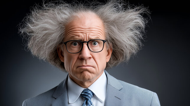 The Startled Intellectual: A captivating close-up of an older individual with a cascade of disheveled hair and an expression of disbelief. Capturing a mix of intellect and shock.