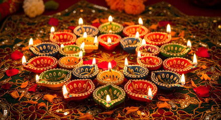 Arrangement of lit colorful diyas on a decorative cloth with flower petals scattered around them