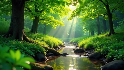 Obraz premium Serene Sunlight Filtering Through Lush Green Foliage Tranquil Nature Scene Ideal for Meditation and Relaxation