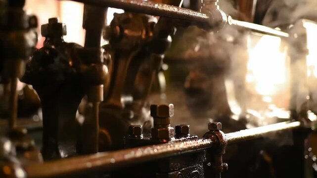 Close-up of industrial steam engine with pipes, valves, and steam, representing technology, industry, and machinery.