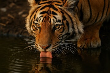 Fototapeta premium Thirsty Bengal Tiger: A striking Bengal tiger, with intense amber eyes, dips its majestic face into the cool water, capturing a moment of serene refreshment in a natural setting.