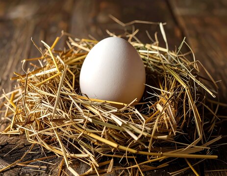 Single egg nestled in hay nest on rustic wood