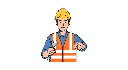 A friendly construction worker wearing a yellow hard hat and orange safety vest holds a wrench and points forward.